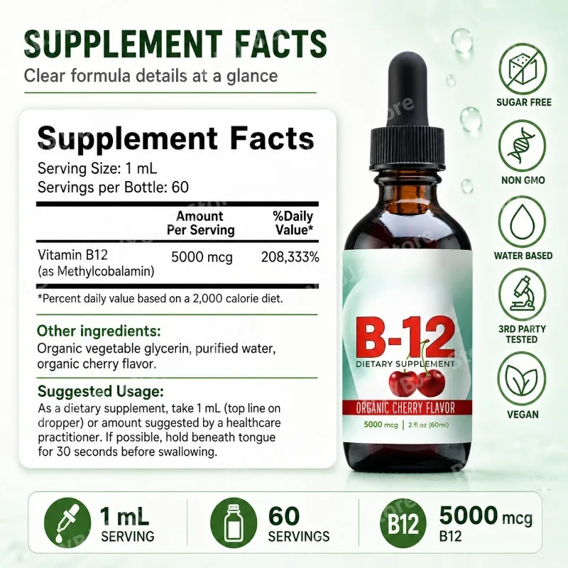 Vitamin B12 Liquid Drops Sublingual Take Cherry Flavor — 5000mcg Methylcobalamin Support  Immune Function & Metabolism Health