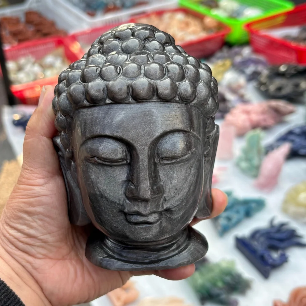 Natural Silver Obsidian Buddha Head Carving Crystal Sakyamuni Statue Gemstone Buddha Figurine Meditation Home Decor