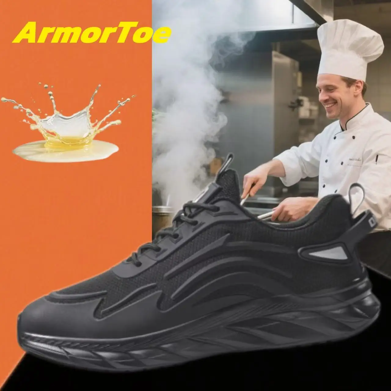 

ArmorToe Four Seasons Non-slip Chef Shoes Breathable Lightweight Shock-absorbing Waterproof Oilproof Work Shoe #Armor5024