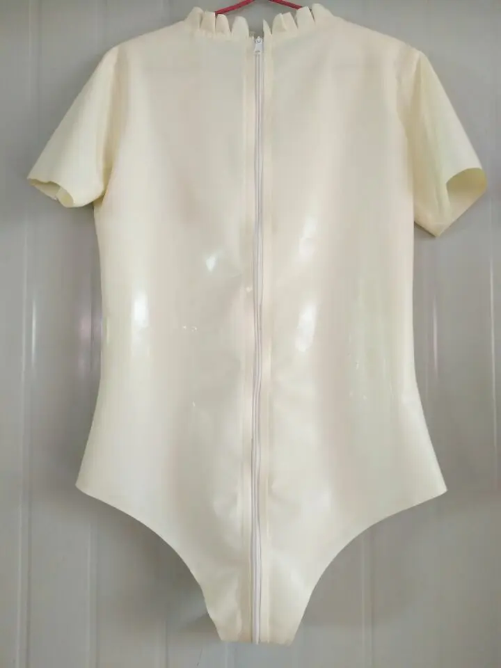 100% Latex Rubber White V-neck triangle short-sleeved swimsuit 0.4mm Zip S-XXL club