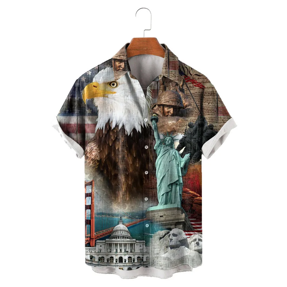 

HX Festival Men's Shirts American Independence Day Eagle Printed Shirt 3D Graphic Summer Streetwear Ropa Hombre Dropshipping