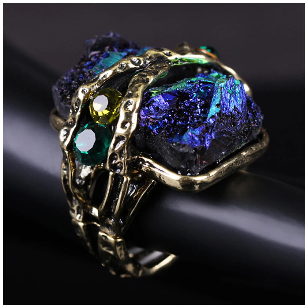 Resizable Vintage Statement Ring for Women Engagement Wedding Promise, Resin Stone and Crsytals Elastic Fashion Rings Jewelry