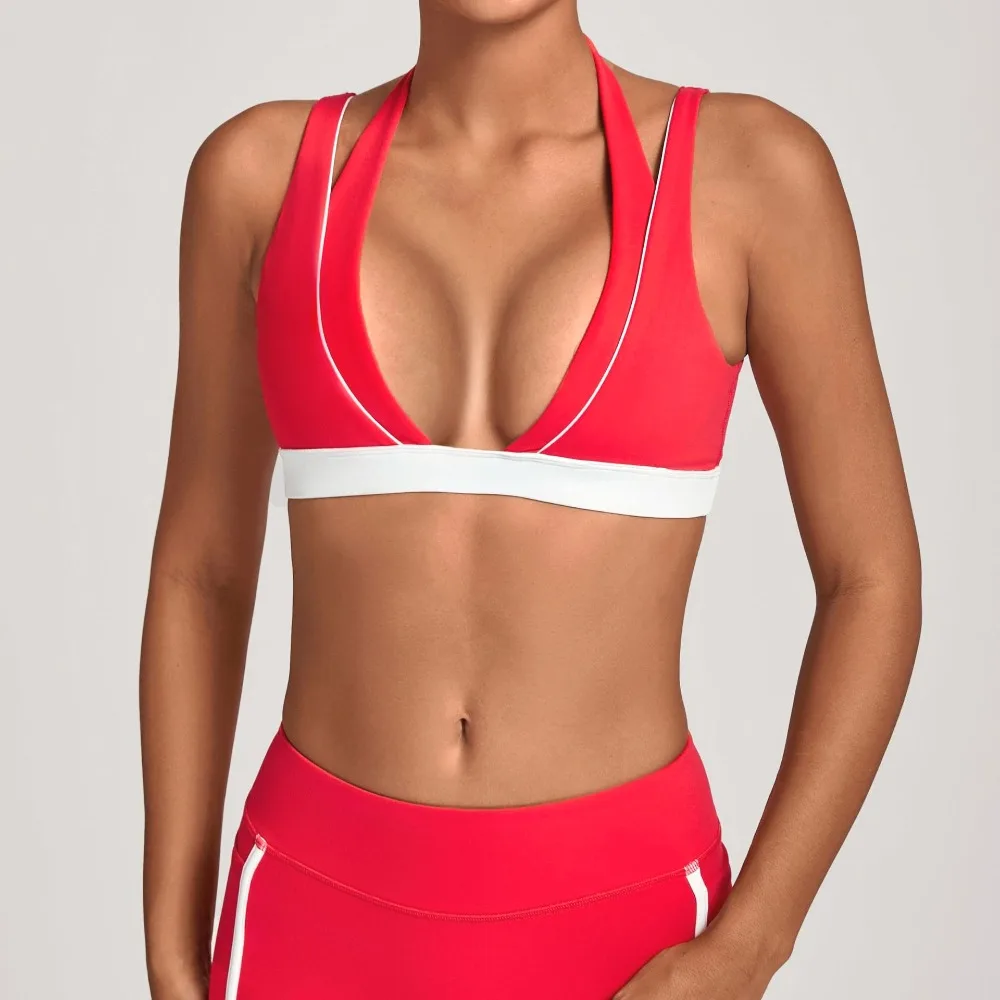 

Women's Gym Workout Corset Color Block Halter Yoga Bras Beautiful Back Tight Sports Bra Fitness Running Casual Wear Top NO Cups