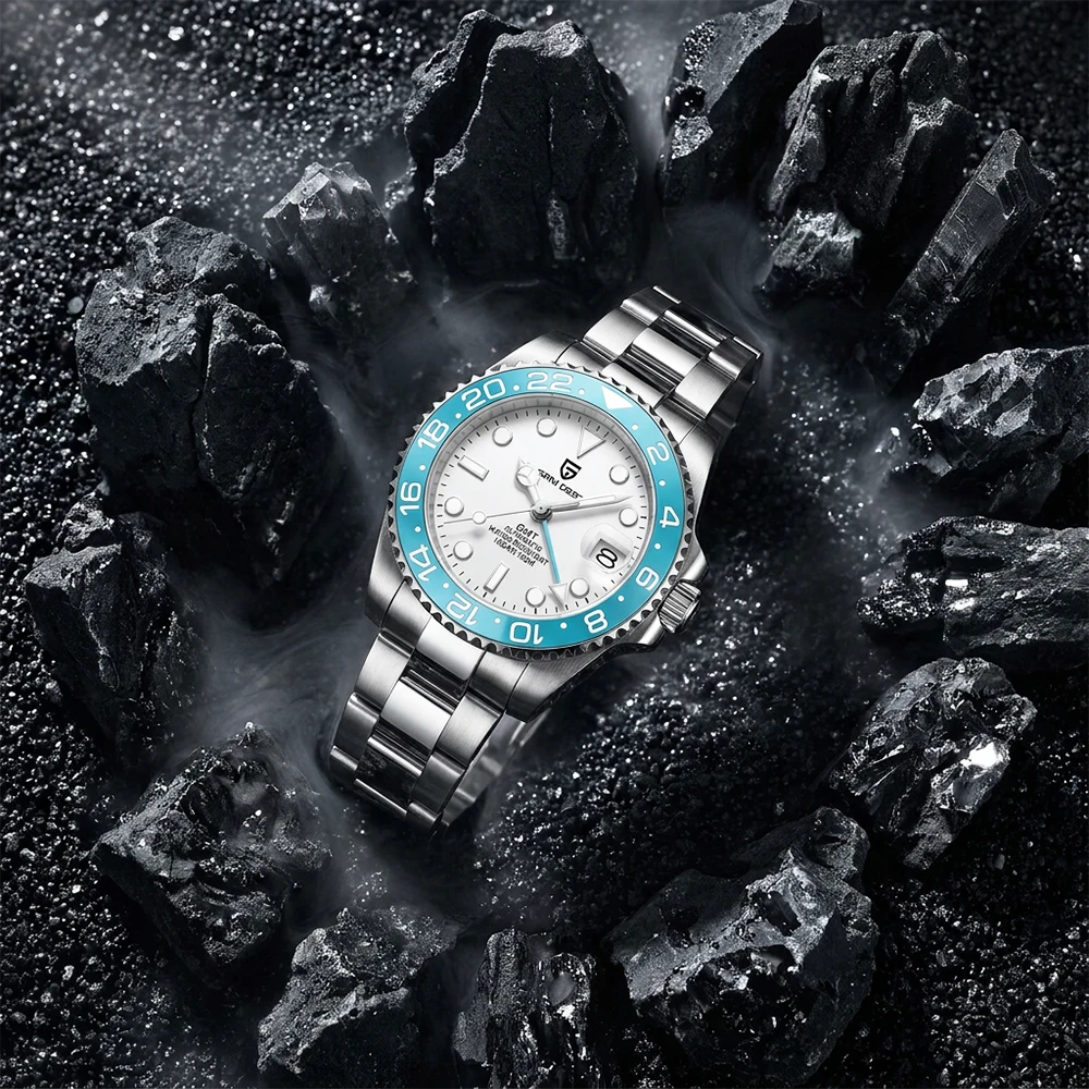TOP PAGANI DESIGN PD1662 GMT Automatische mechanische Uhr Männer Edelstahl Band Blauer Keramischer Ring Weißes Zifferblatt 100M wasserdicht Leuchtende Business Sports Armbanduhren für Mann +