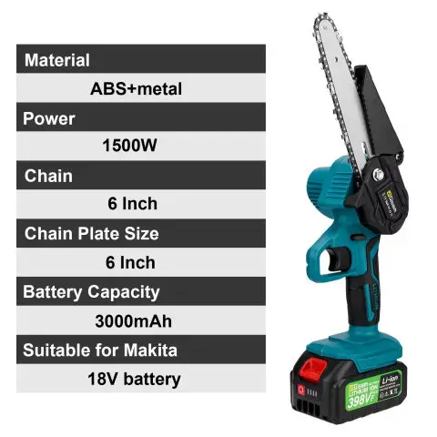 6 inch Mini Electric Saw Cordless Chainsaw Handheld Electric Chain Saw Garden Wood Cutting Power Tool for Makita 18V Battery