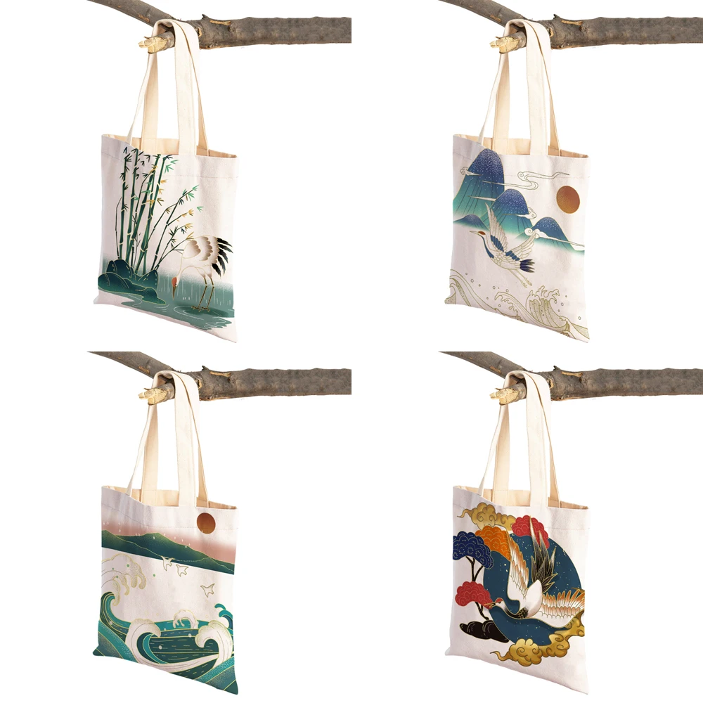 Designer Japan Geometric Art Lady Tote Handbag for Children Casual Canvas Cartoon Folding Women Shopping Shoulder Bag