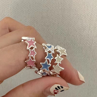 Irregular Pink Blue Stars Finger Ring Y2K Adjustable Party Rings For Woman Crystal Zircon Fashion Gifts Jewelry