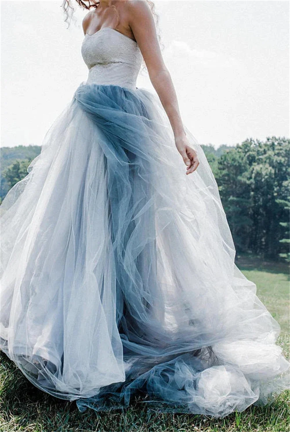 Cathy Blue Gradient Tulle Wedding Dress Strapless Floor-length فساتين سهرة Elegant A-line Side High Split vestidos de fiesta