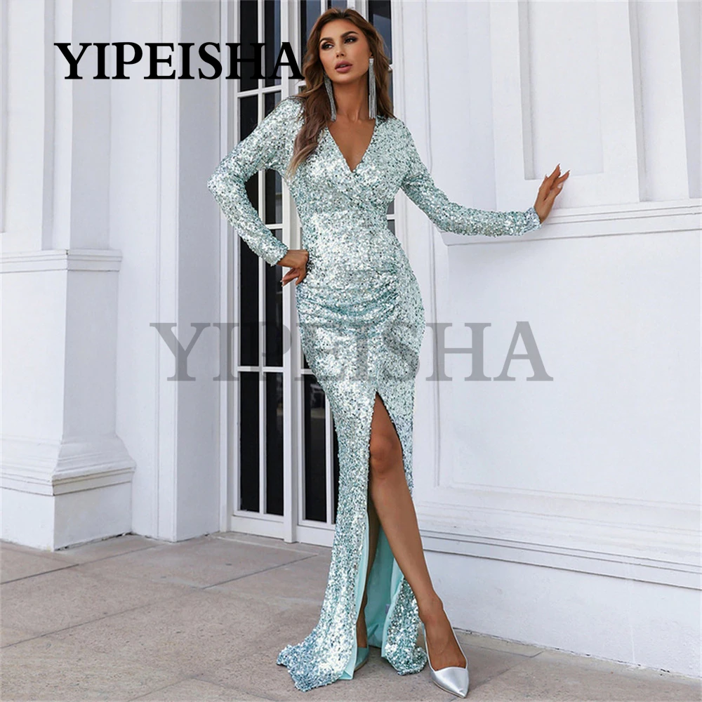 

Glittery V-Neck Mermaid Evening Dress Front High Split Simpel robes de soirée Long Sleeve Sweep Train Sequin Prom Gown vestidos