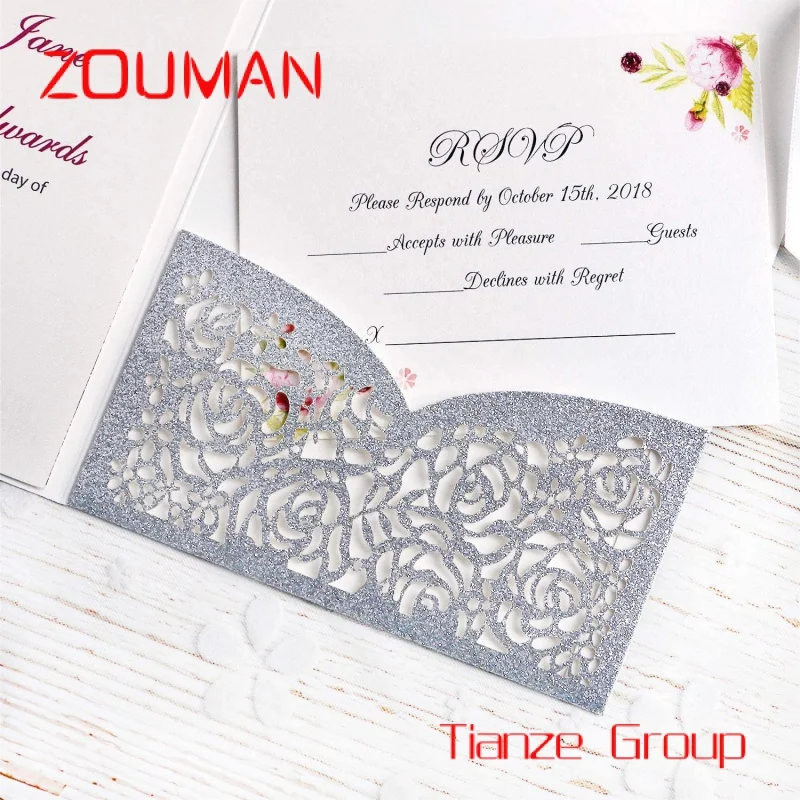 Cartes de remerciement avec enveloppes en ruban, logo personnalisé imprimé, invitations de mariage, argent, style populaire