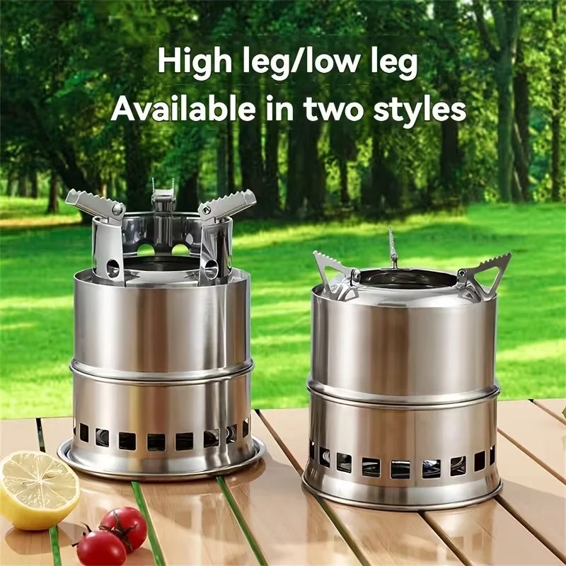 Portable Stainless Steel Wood Burning Stove Compact Adjustable Legs Charcoal Stove for Outdoor Camping Picnicking Hiking Backyard Gatherings BBQ Grills Cylindrical Design Durable Structure