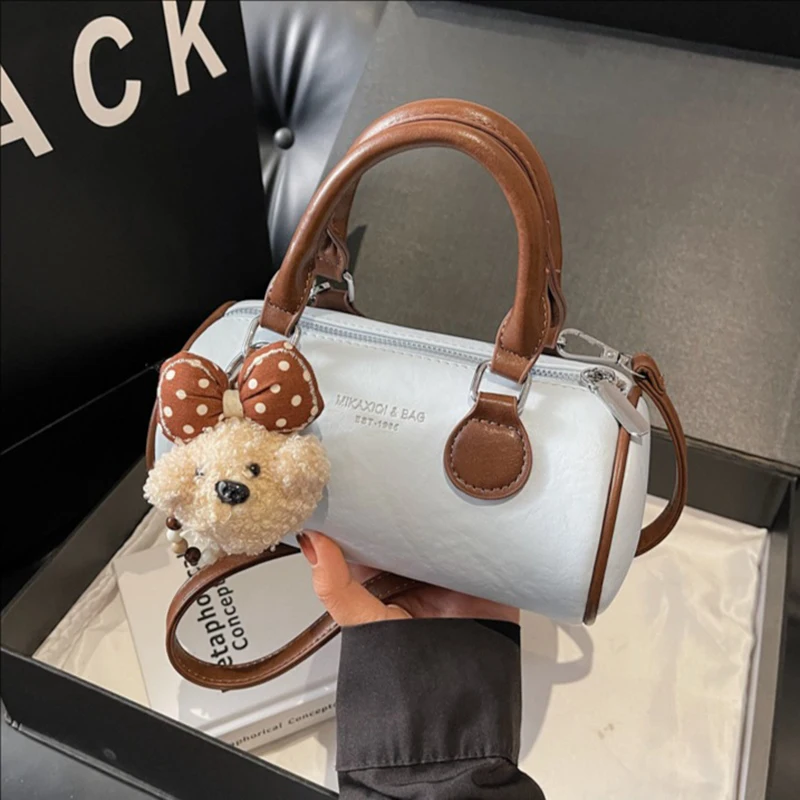 Cylindrical Bag Fashion Large Capacity Women Casual Retro Shoulder Bags Trendy Commuting Pillow Crossbody Pack with Bear Pendant