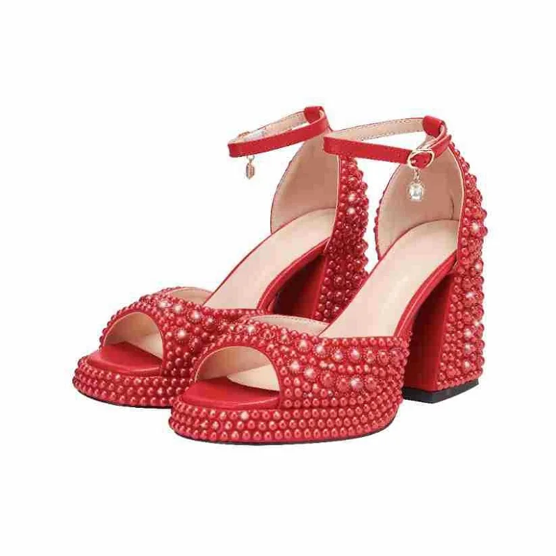

Summer New Fish Mouth Red Pearl Square Heel Waterproof Platform Sandals Thick High Heels Banquet Dress Large Women's Shoes