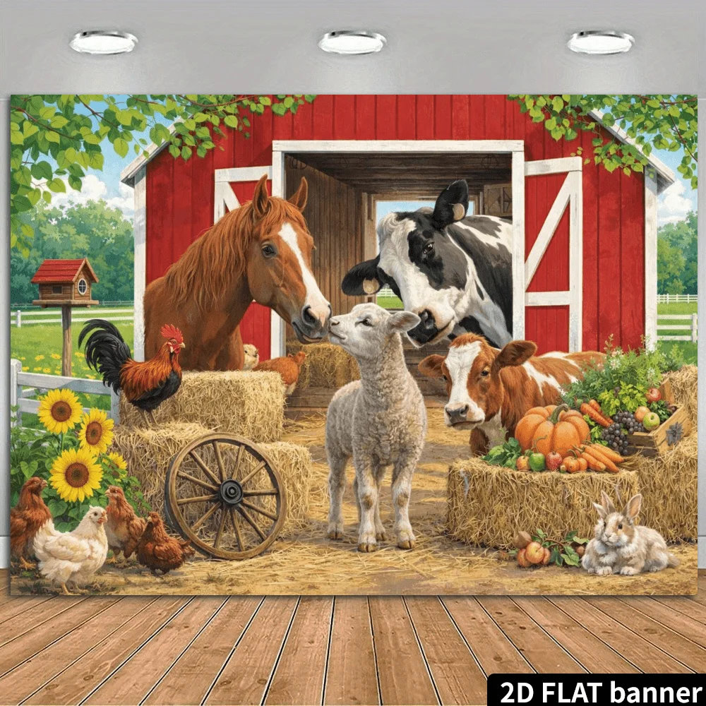 2D Flat - - Farm Life Background. In Front Of Red Barn Farm Animals Interact Warmly With Haystacks Vintage Wheels And Sunflowers