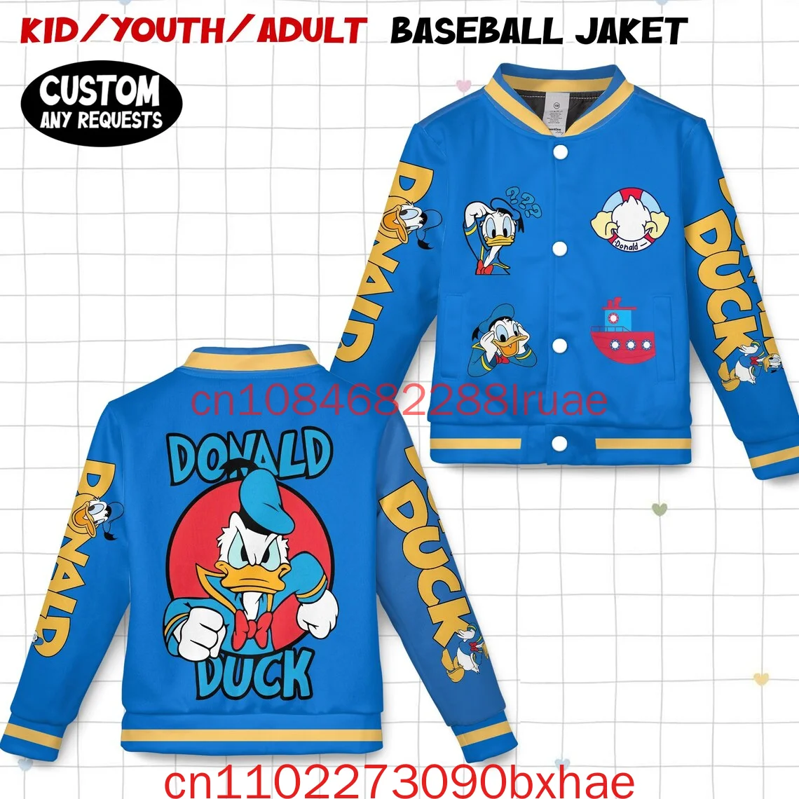 

2026 New Donald Duck Classic Kids and Youth Baseball Jacket Aldult Unisex Varsity Baseball Jacket