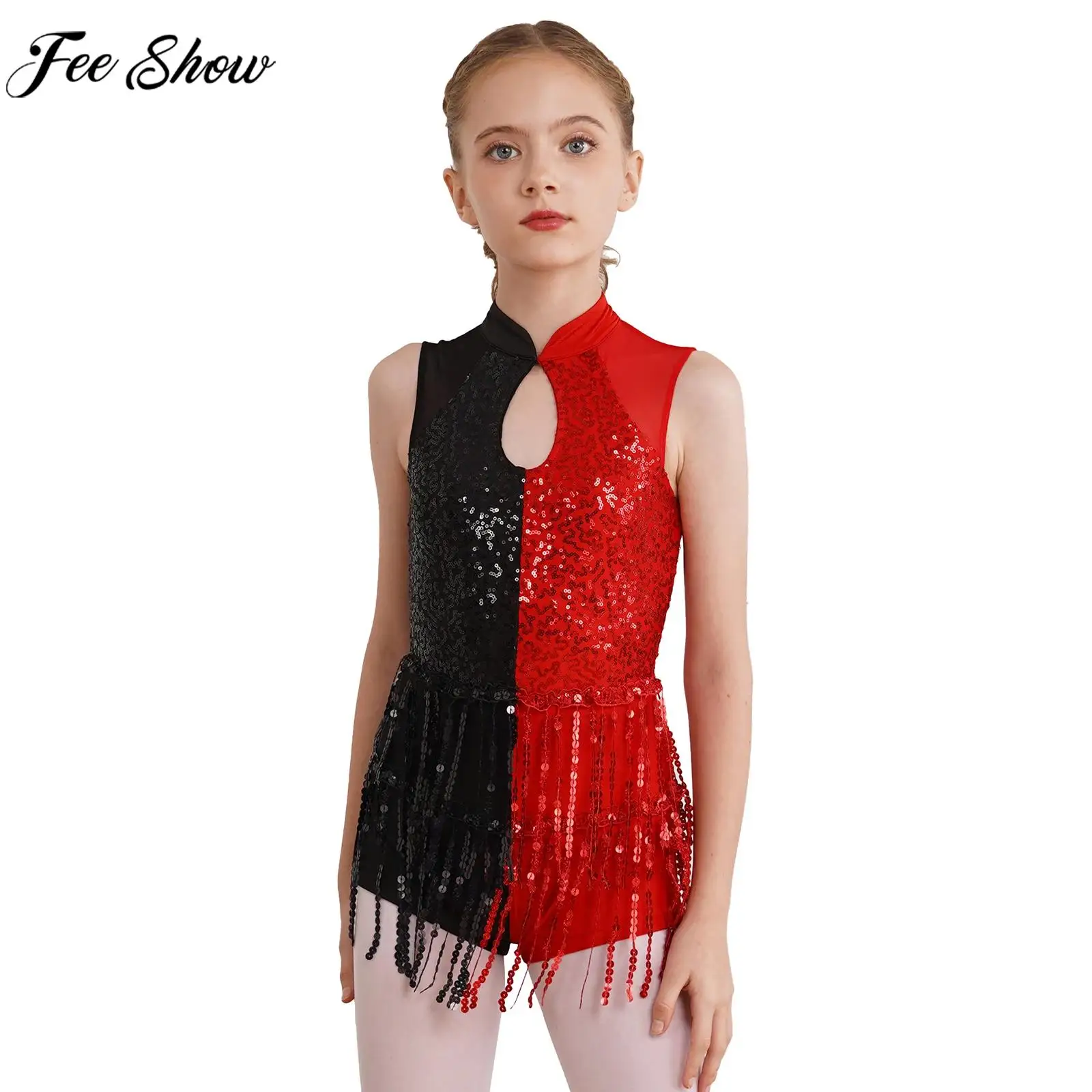 

Children Girls Jazz Latin Dance Cha-cha Figure Skating Gymnastics Leotard Dress Sleeveless Sequins Tassels Sheer Mesh Bodysuit