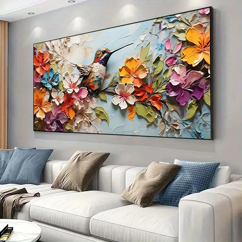 Modern Vibrant Floral Hummingbird Canvas Painting Wall Art Colorful Poster Prints Decor Artwork for Living Room and Bedroom