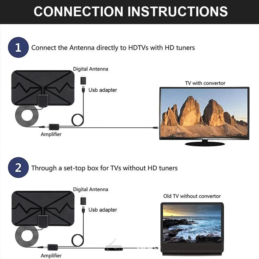 Antena de TV digital HD amplificada com suporte 4K UHD 1080p e amplificador de sinal de interruptor inteligente interno para todas as TV mais velhas