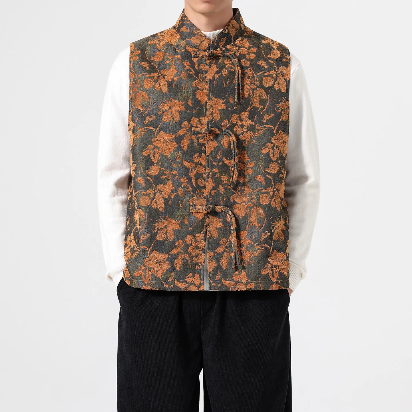 Men's New Chinese Style Vest Men Retro Tang Suit Waistcoat Man Mandarin Collar Frog Buttons Plant Floral Print Sleeveless Vest