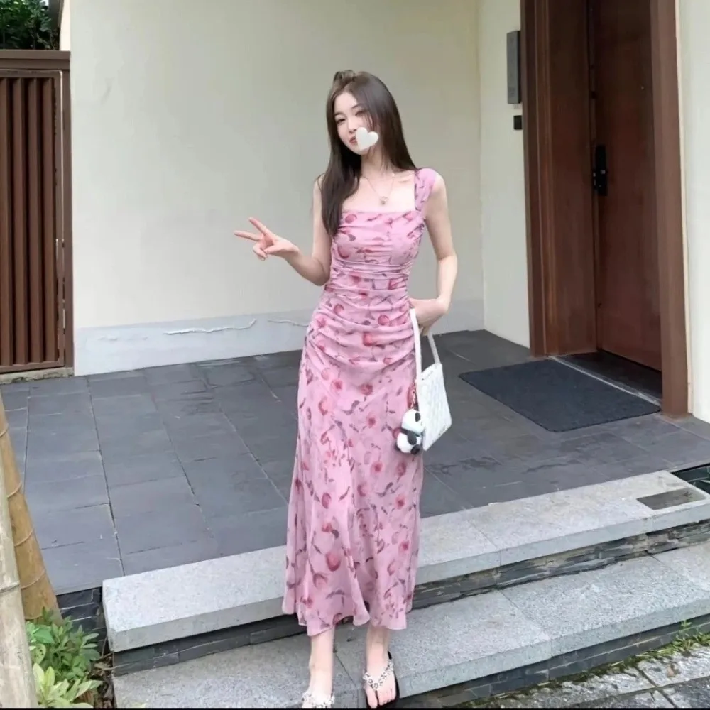 

Slim Fit Floral Slim Long Dress Sleeveless Flower Women Long Skirt Spicy Girl Streetwear Korean Camisole Dress Spring Summer