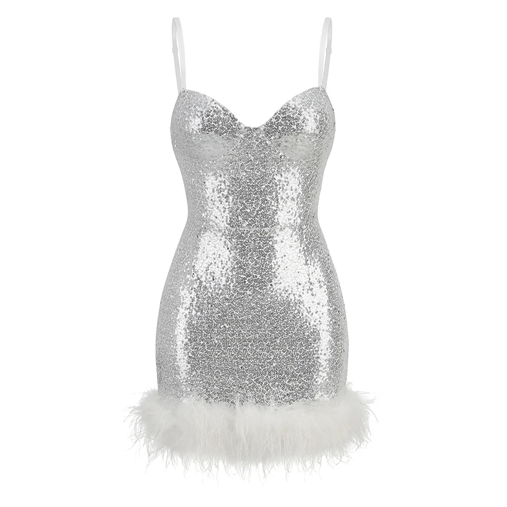 

Elegant Fur Patchwork Women's Slip Dress Sleeveless Backless Lady Mini Dresses Party Evening Party Gowns Chic Female Party
