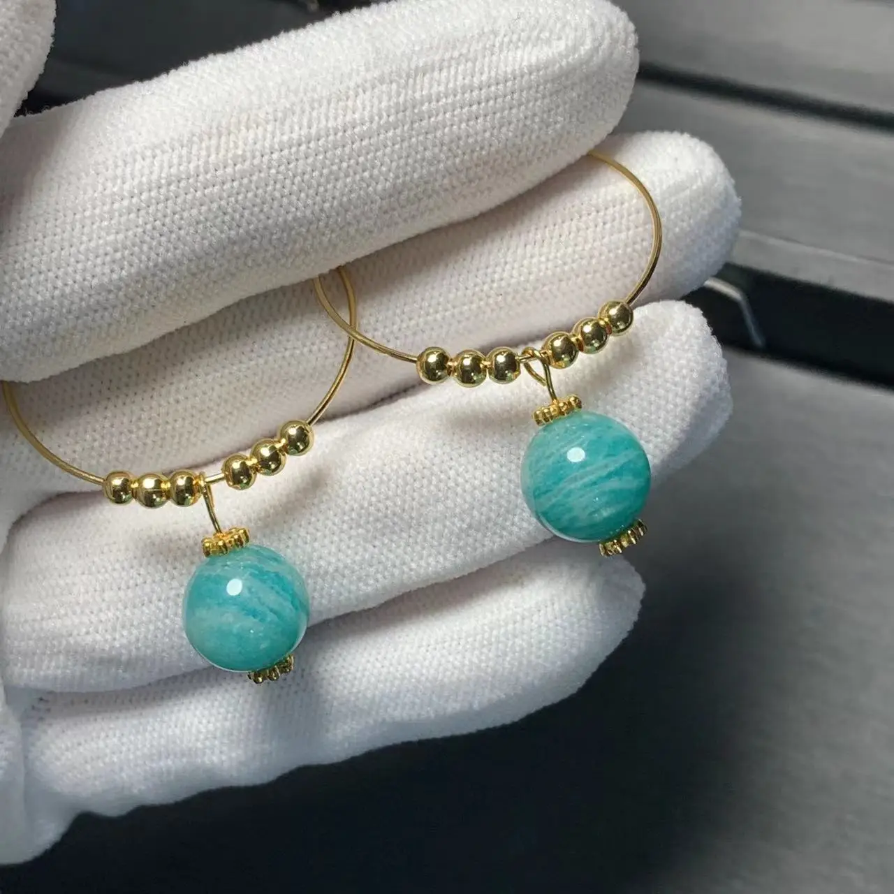 HEYYA STONE Natural Amazonite Hoop Earrings Simple Classic Round Circle Gemstone Jewelry Handmade 14K GOLD exclusive