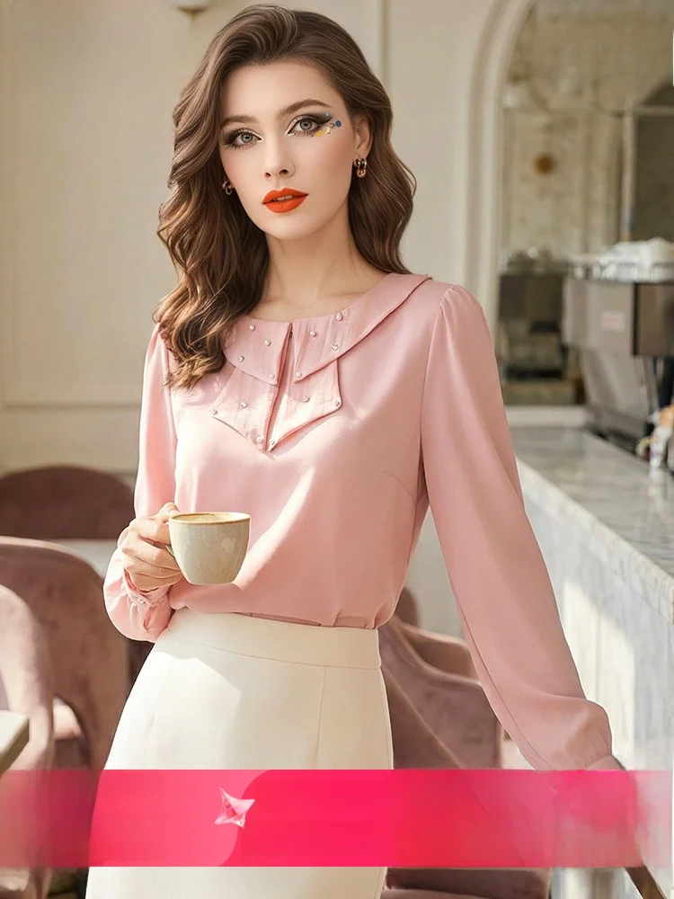 

Sweet Lady Embellished Long Sleeve Shirt Women's round Neck Design Sensation Anti-Aging Small Figure Top Spring Commute Style