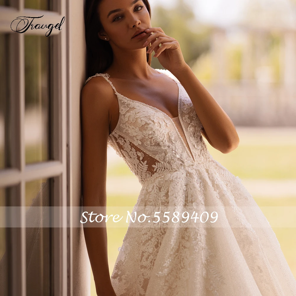 Traugel Elegant Sweetheart Appliques Lace Vintage Wedding Dresses Luxury Spaghetti Straps Beaded Court Train A Line Bridal Gown