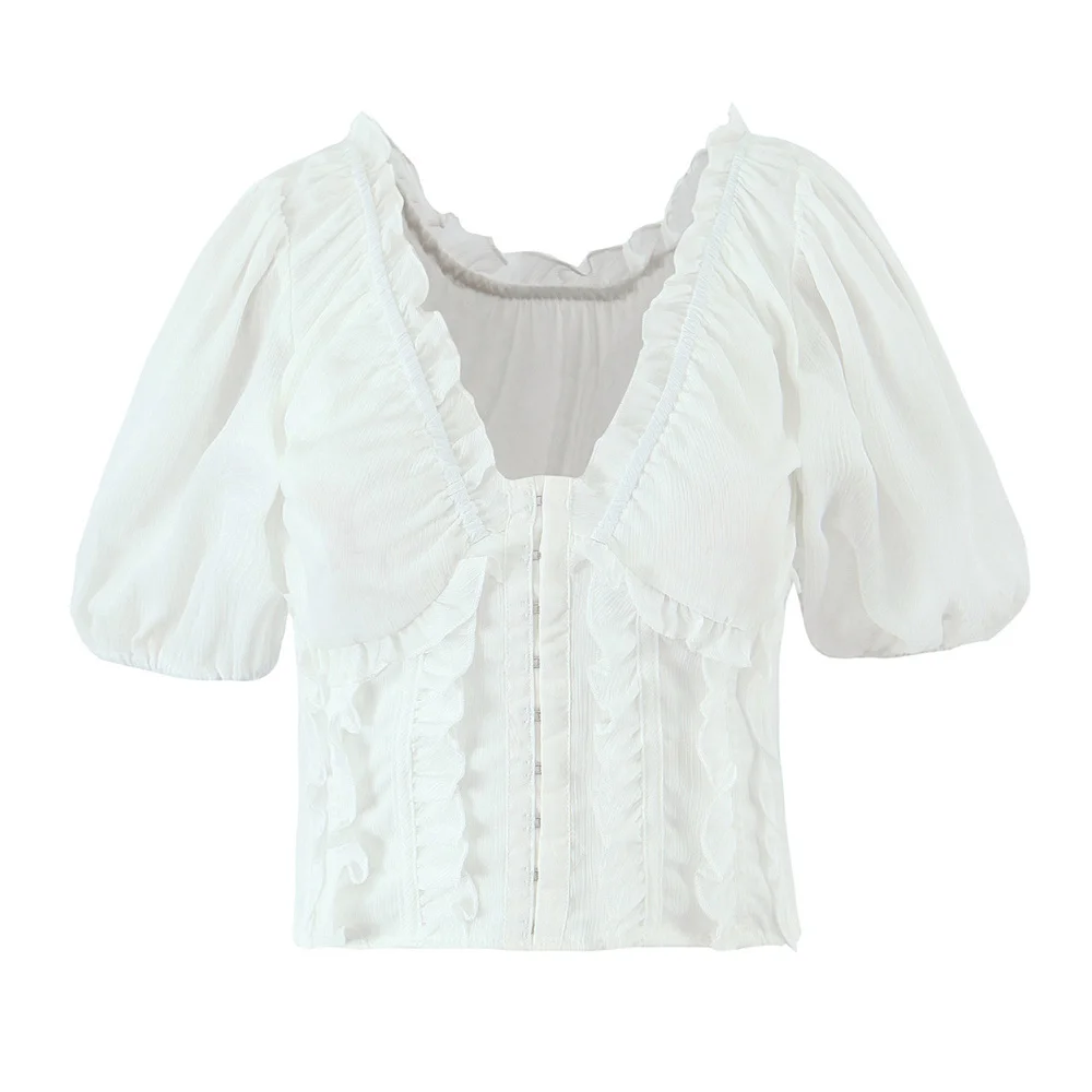 

Женская летняя новая стильная французская милая короткая белая рубашка с v-образным вырезом и рукавами-пузырьками, мини-топ