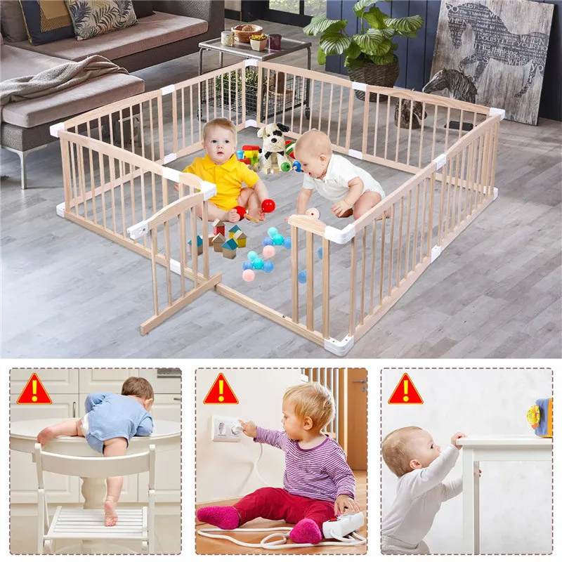 Natural wooden baby fence, foldable wooden fence, toddler activity area with educational panel
