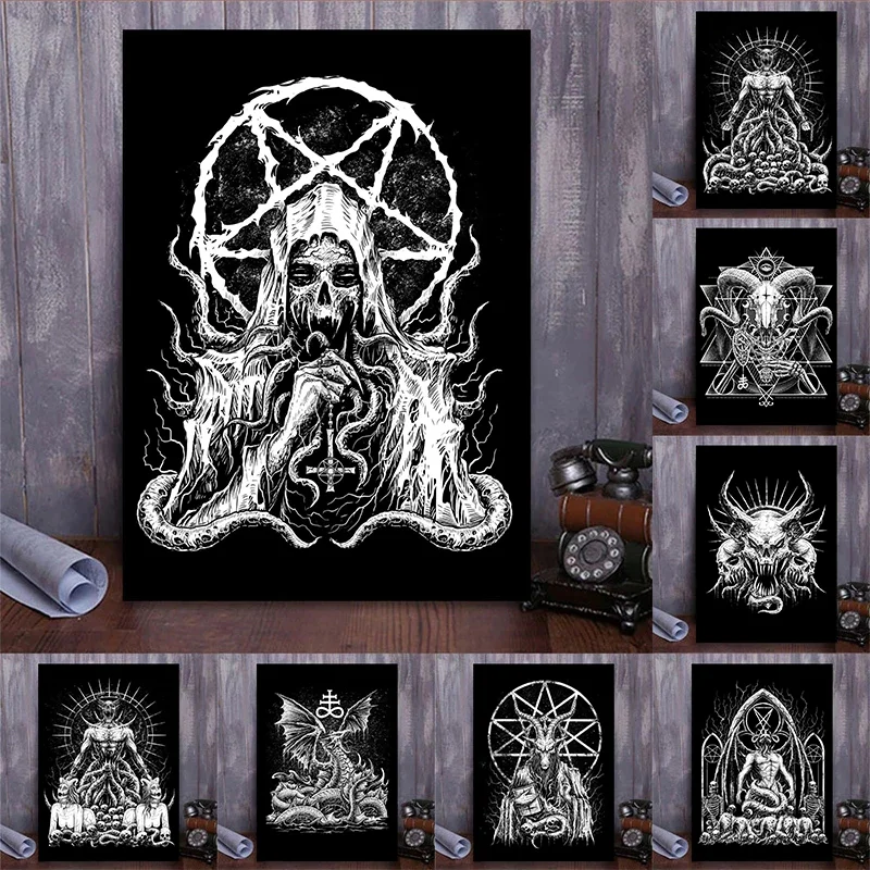 Demonic Serpent Leviathan Satanic Goat Baphomet Posters and Prints Canvas Painting Wall Art Picture for Living Room Home Decor