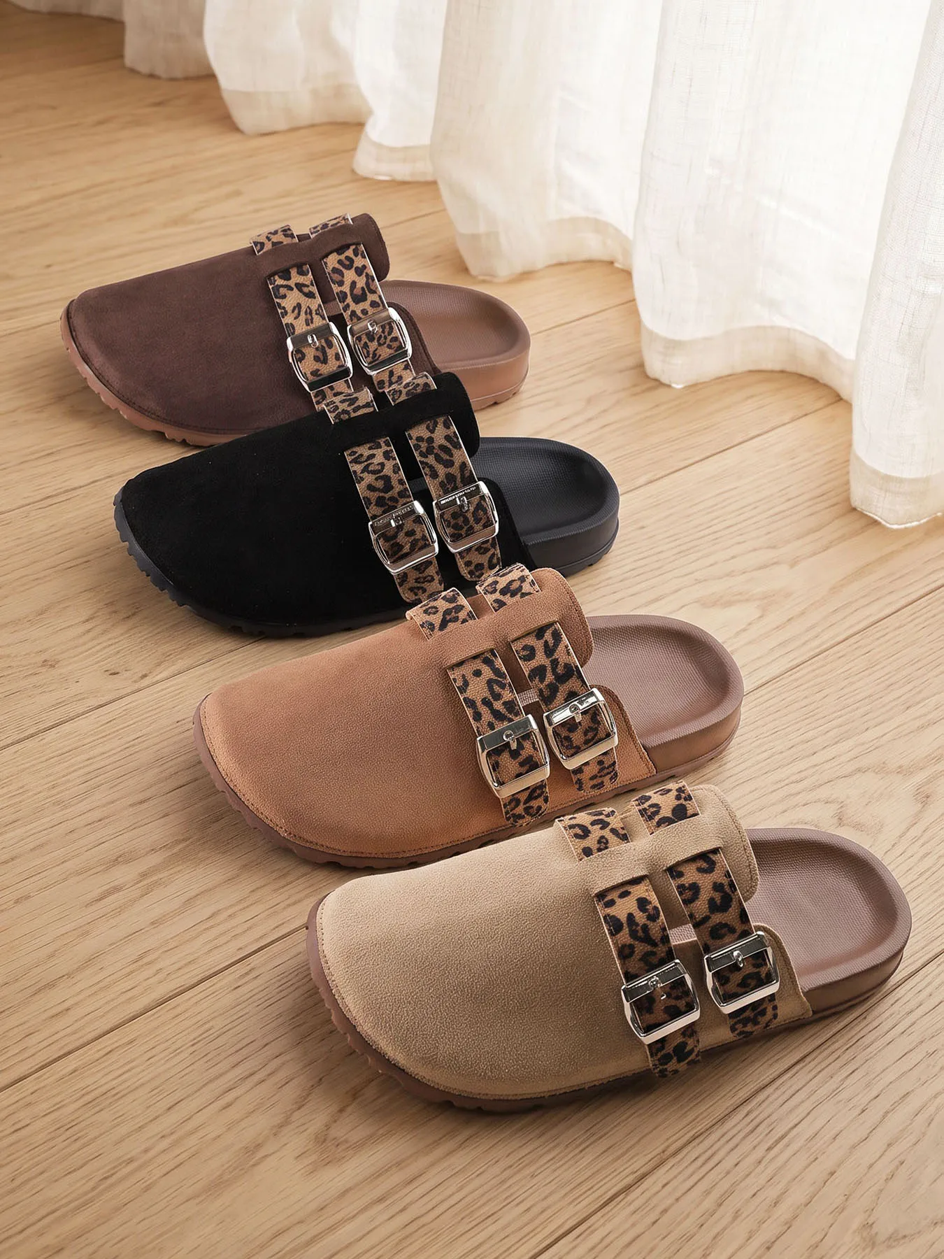 Men's Plus Size Suede Mules Clogs Flat Sandals Leopard Print Straps Double Buckle Fashion Casual Comfortable Shoes 32-50