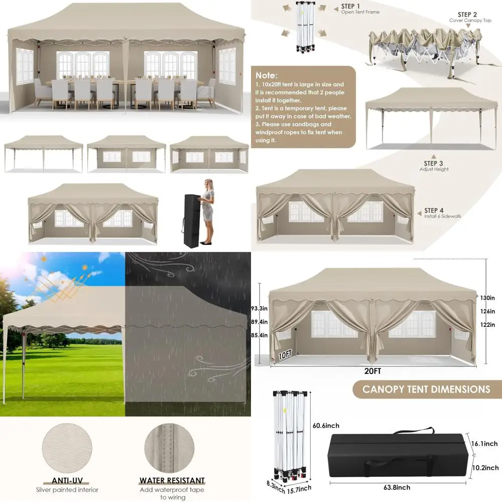 

Heavy Duty 10x20ft Pop Up Canopy Tent with 6 Sidewalls, Adjustable Height, Ideal for Weddings, Parties, Large Commercial Gazebos