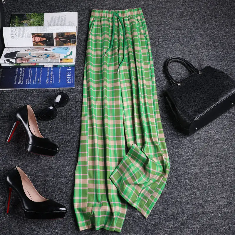 Elegant and luxurious high-end European pants, summer plaid plaid loose wide leg pants, women's high waisted floor mop pants