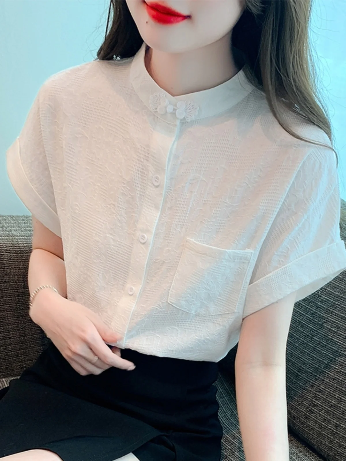 

Новая летняя хлопковая женская рубашка с коротким рукавом, воротником-стойкой, на пуговицах, приталенная, модная, в китайском стиле, для делового и повседневного образа