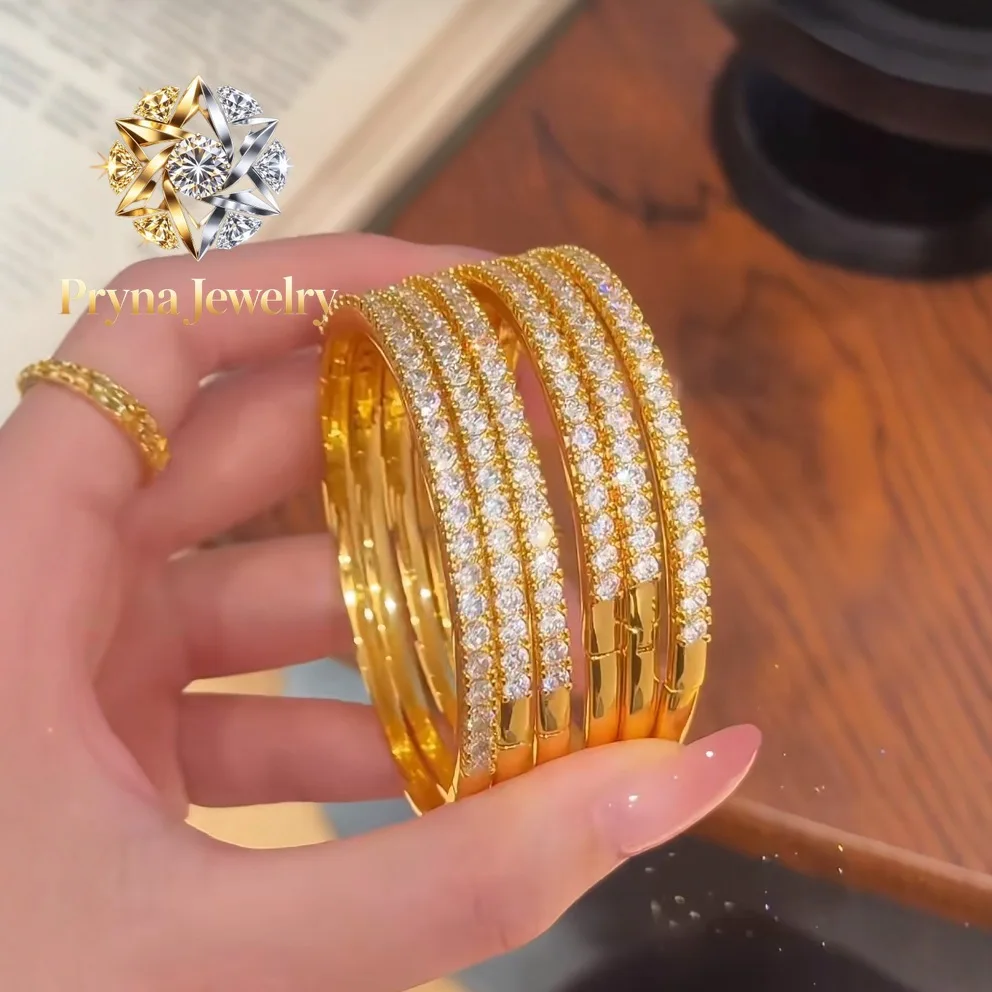 Pryna Jewelry  Light luxury fashion 24K real gold half-circle diamond snap bracelet au9999 gold stacked women's jewelry