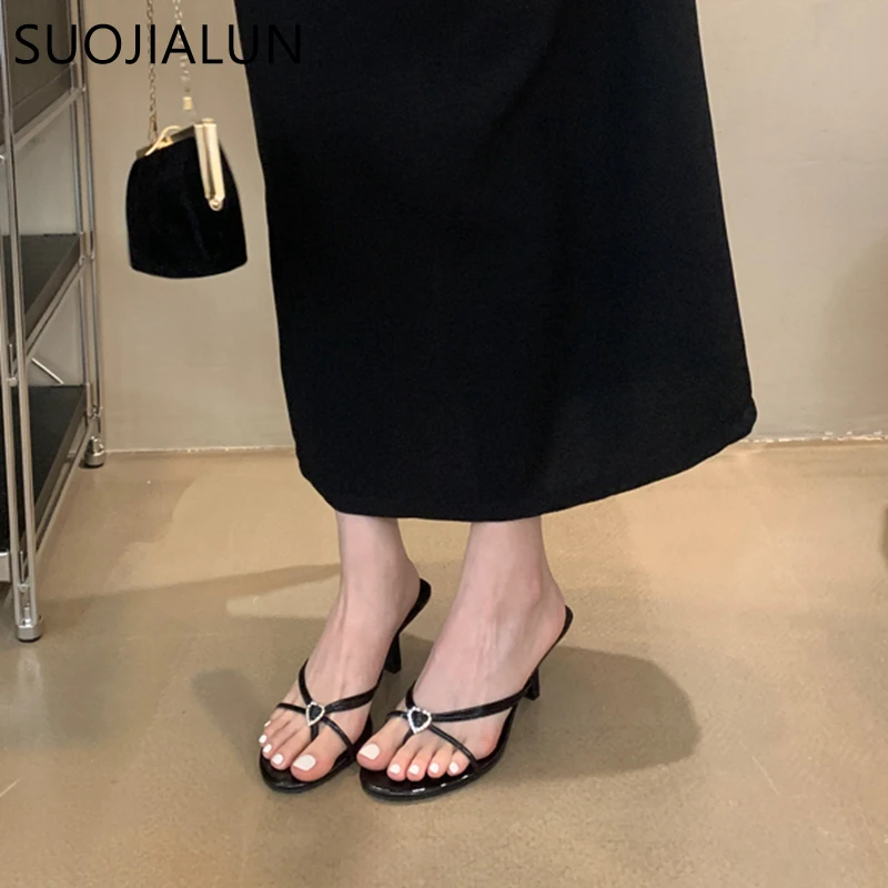 SUOJIALUN 2023 Summer New Women Slipper Fashion Narrow Band Ladies Elegant Sandal Shoes Thin High Heel Dress Slip  On Flip Flop