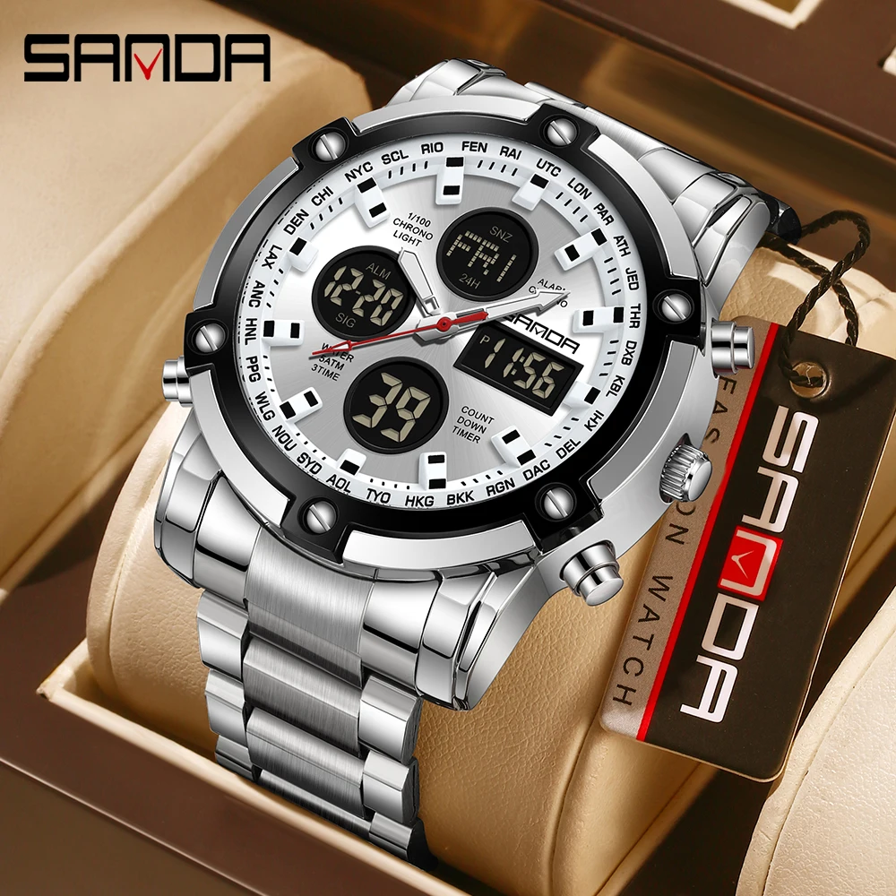 SANDA 3394 Business Electronic Wrist Men's 5ATM Waterproof Night Light Display Alarm Clock Stopwatch Countdown 24 Hour Week Date