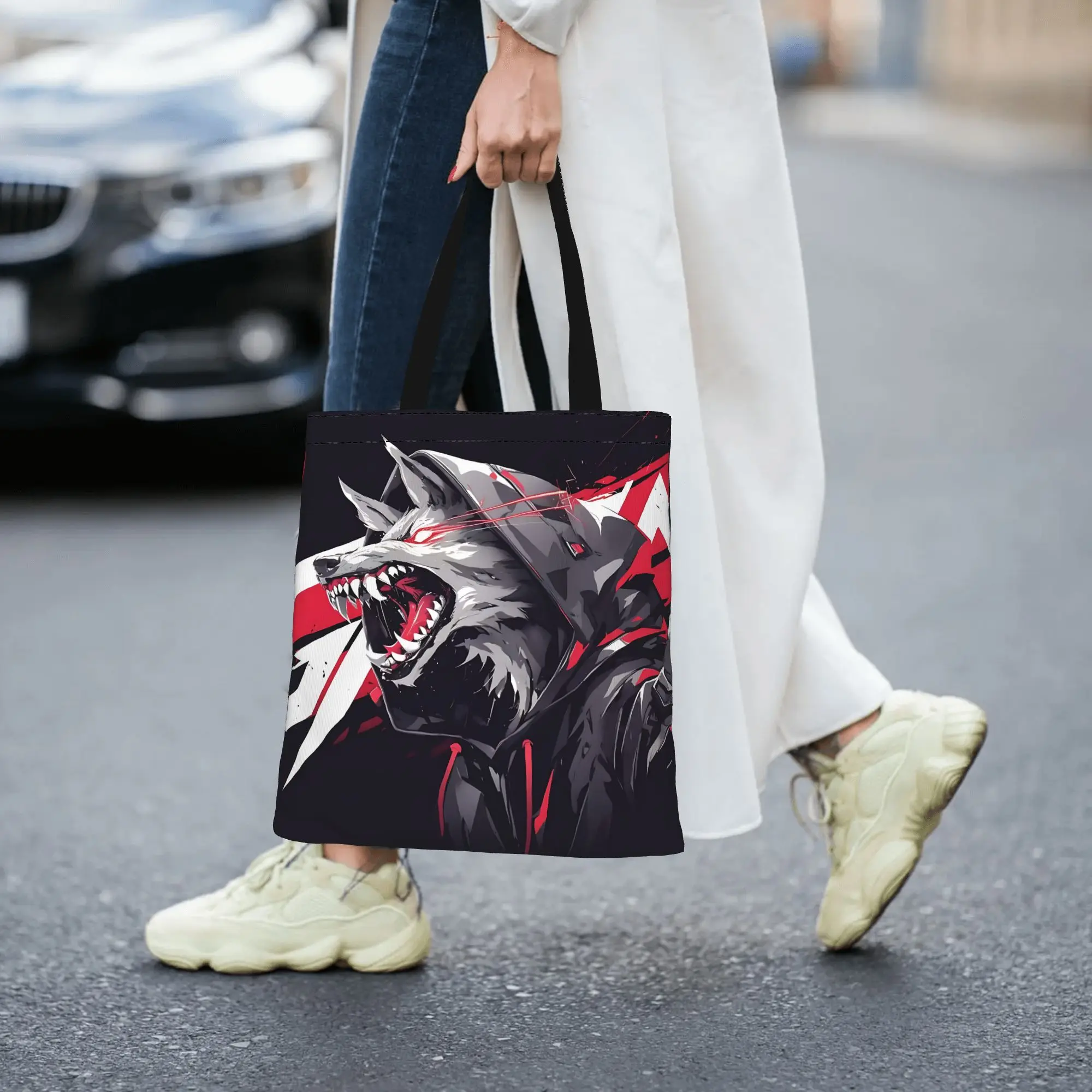 Customized Cool Wolf Pattern Wolf spirit Women's Bag Shopping Bag Reusable Double Sided Canvas Tote Bag Shoulder  Handbag