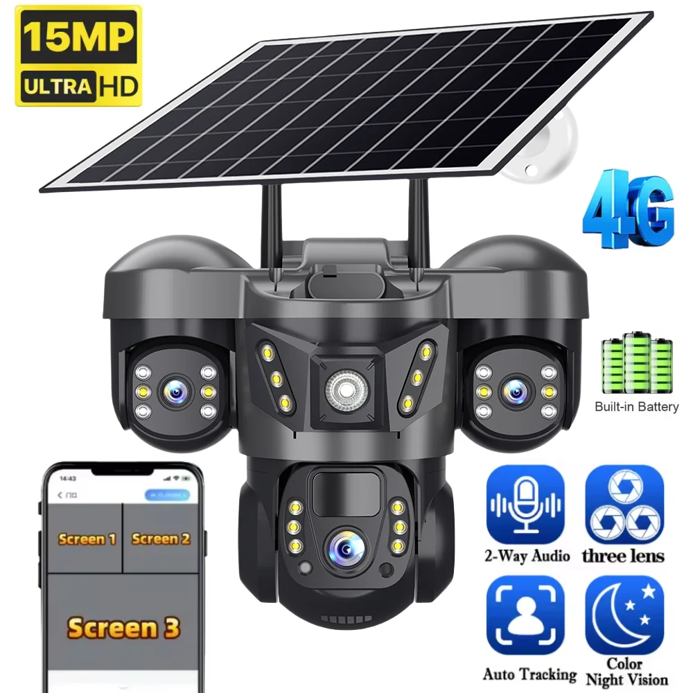 Solar 4G Camera 15MP Outdoor Waterproof 3 Len 3 Screen PIR Human Detect Network IP Cameras Night Vision Security Protection CCTV