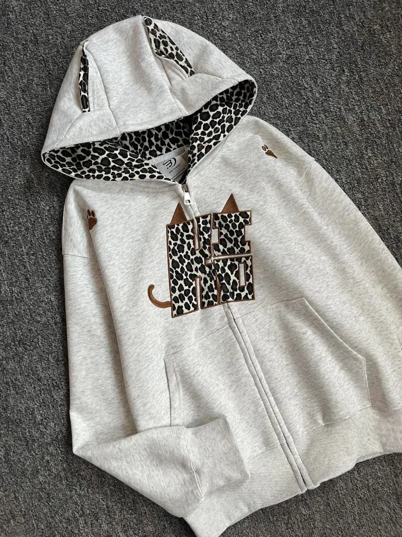 Devil Little Horn Hoodies Women American Sweet Cool Splicing Leopard Pattern Loose Zip Up Hoodie Casual Chic Kpop Clothes Autumn