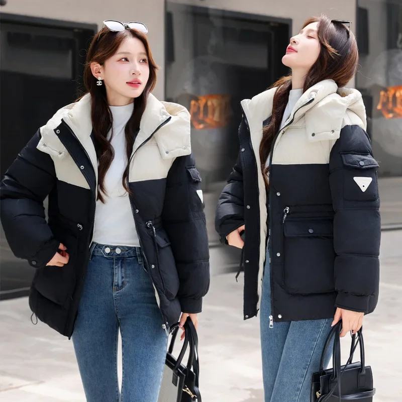 Black White Patchwork New Outerwears Women Winter Coat Hooded Big Pockets Parkas Pleated Waist Zipper Single Breasted Jacket