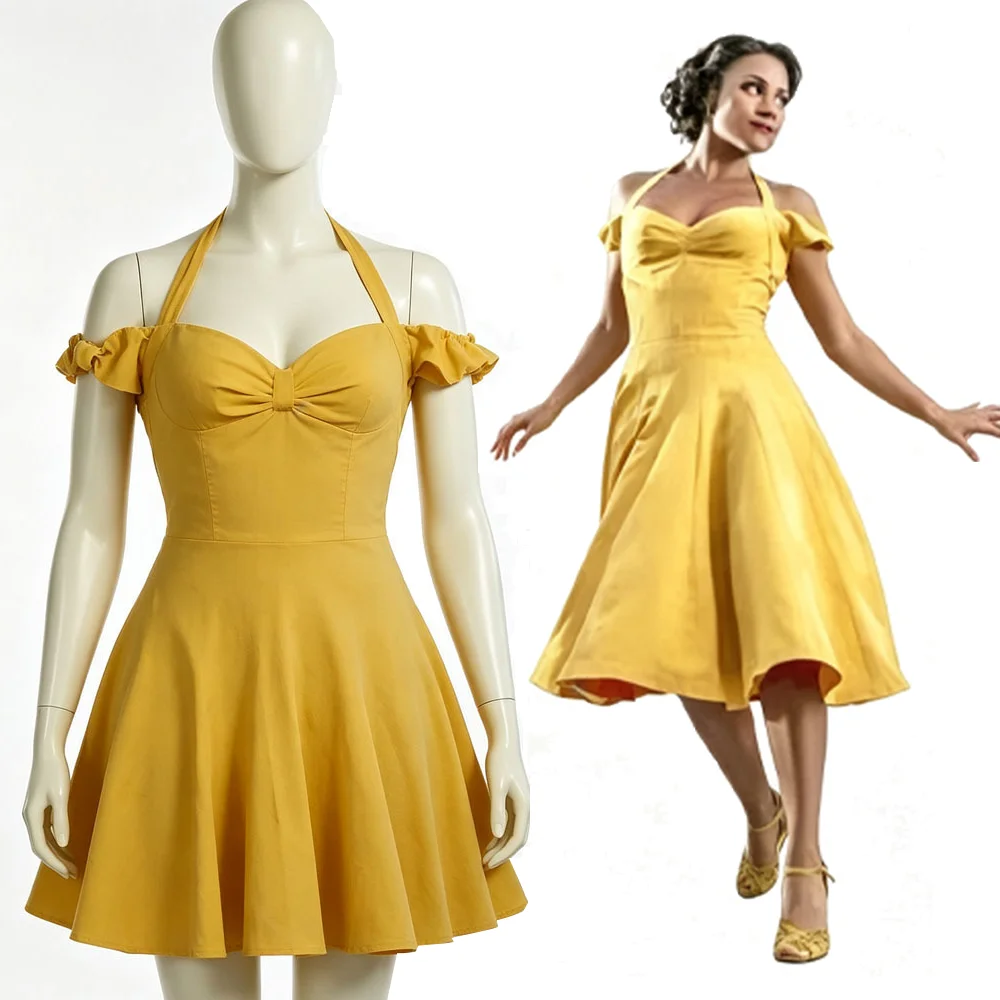 Disfraz de Cosplay de Anita de West Side Story para Mujer, Vestido Amarillo con Hombros Descubiertos y Cuello Halter, Disfraz de Personaje Musical para Halloween