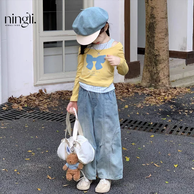 

Girls' Stylish Fake Two-Piece Bow Long SleeveTT-shirt Autumn New Baby Off-shoulder Top