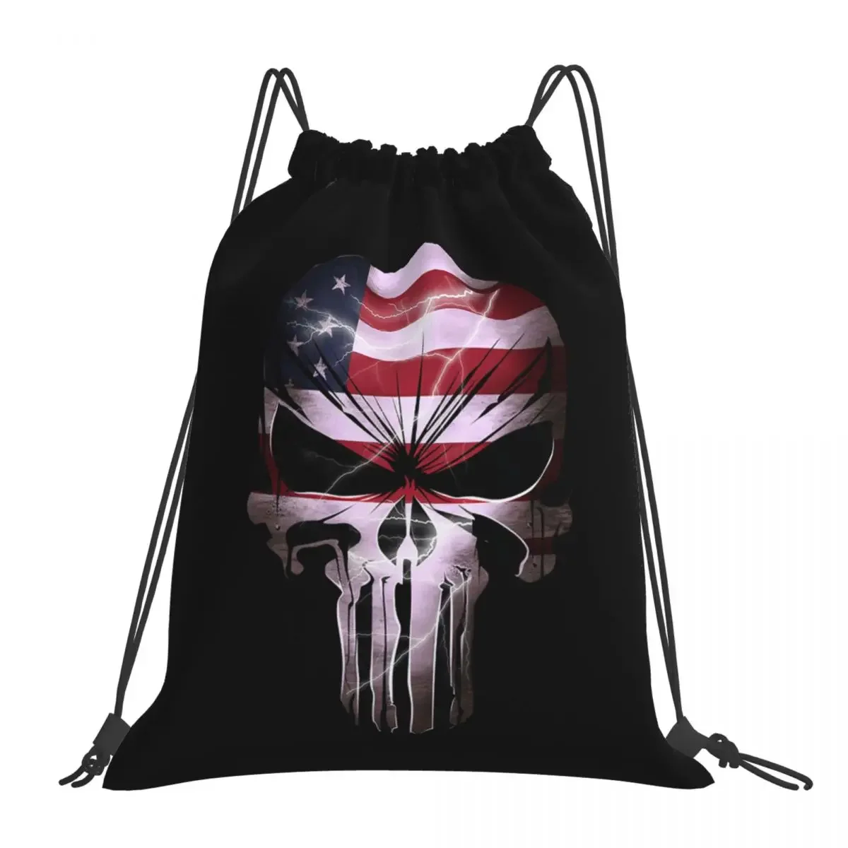 

Skull With American Flag And Lightning Backpacks Drawstring Bags Drawstring Bundle Pocket Sports Bag BookBag For Travel School