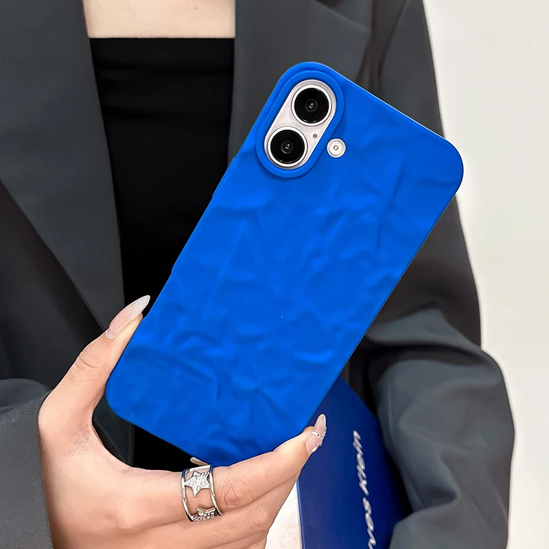 Stylish Klein Blue Fold Wrinkle Matte Back Cover Case For iPhone 16 Pro Max 15 14 13 12 11 Pro Max 16 Plus