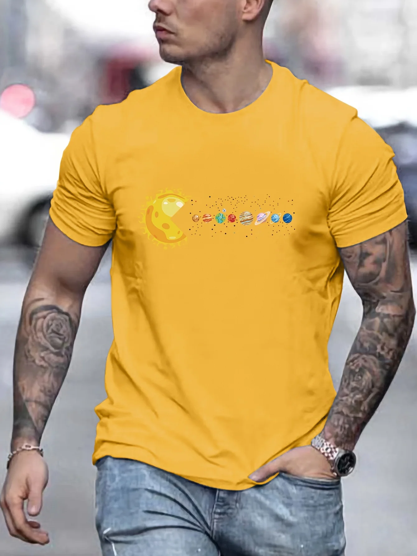 Solar System Planets Print Tees For Men, Casual Quick Drying Breathable T-Shirt, Short Sleeve T-shirt For Running Training