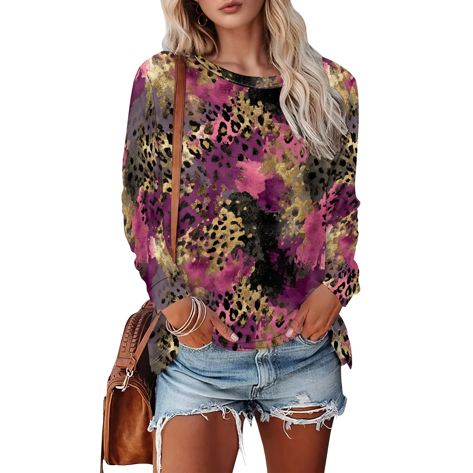 Long Sleeve Shirts for Women 2025 Fall Fashion Basic Trendy Crew Neck Floral Printed Casual Tops