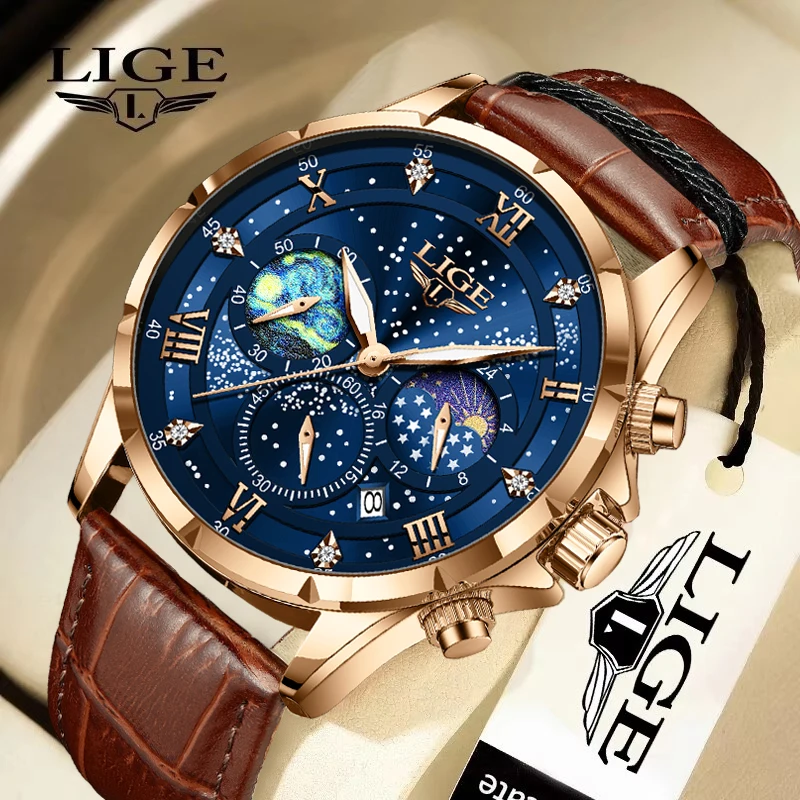 

2024 LIGE Mens Watches Top Brand Luxury Waterproof Military Watch Men Fashion Leather Quartz Watch For Men Relogio Masculino+BOX