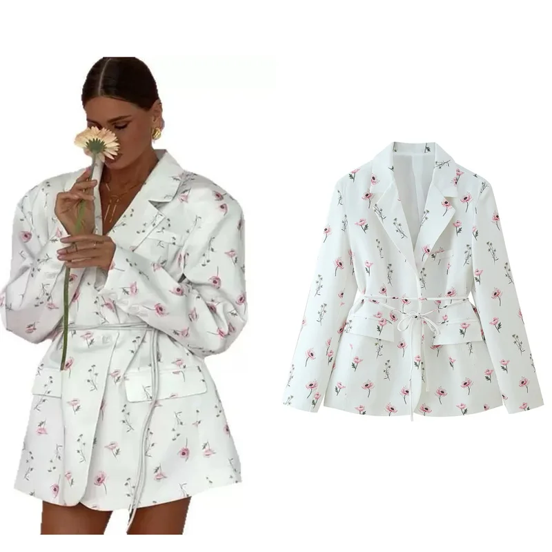 

Summer 2025 Loose Fit Printed Suit Jacket with Tie Waist European American Fashion Two-Tone Collar Design for Men